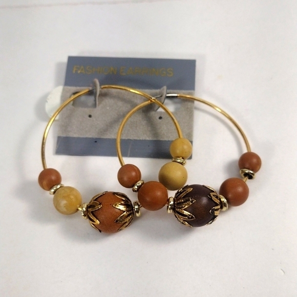 Boho Beaded Hoop Earrings – Natural Wood Look Beads, Gold-Tone Wire – Jewelry #6 - Picture 4 of 6